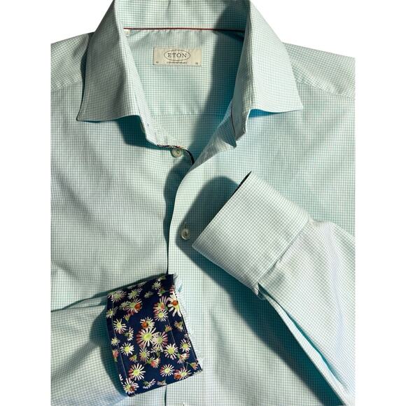 ETON CONTEMPORARY GREEN CHECK COTTON SLIM DRESS SHIRT 42 / 16 FLORAL FLIP CUFFS